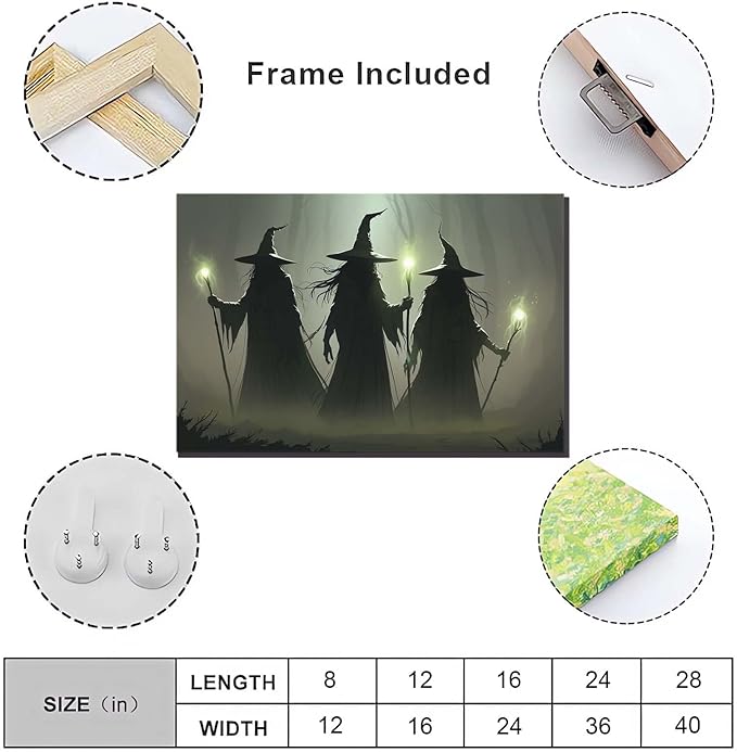 Vintage 3 witches canvas wall decor melancholy dark Halloween poster wall decor holding a staff print Gothic horror Halloween painting print for living room bedroom20x30in Wood Framed