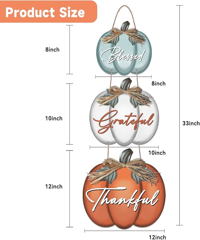 3 Pieces Pumpkin Decor Grateful Thankful Blessed Wall Signs,Rustic Hanging Welcome Door Sign for Autumn Harvest Thanksgiving Halloween Door Wall Decoration Indoor Outdoor Fall Decor for Home