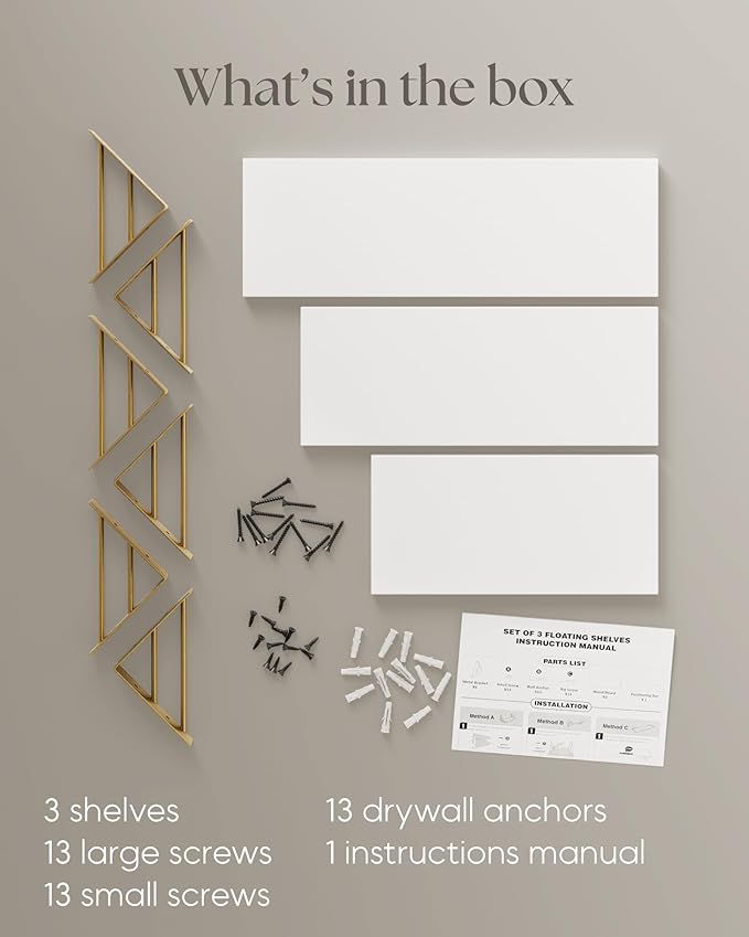 BAYKA Wall Shelves for Bedroom Decor, Floating Wall Shelves for Living Room Kitchen Storage, Wall Mounted Rustic Wood Shelves for Kids Books,Corner Shelves for Bathroom(White and Gold,Set of 3)