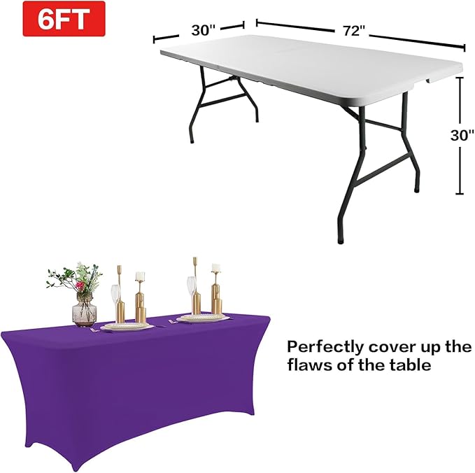 IVAPUPU 6FT Table Cloth for Rectangular Fitted Events Stretch Purple Washable Table Cover Spandex Tablecloth Protector for Party, Wedding, Cocktail, Banquet, Festival