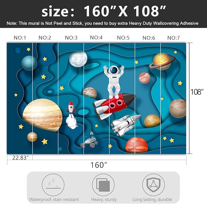 '-Kindergarten Children Galactic Planet Fabric Wallpaper Living Room Bedroom Boys Girls Children Cartoon Astronauts Large Mural- 160"x108"( not Peel and Stick)