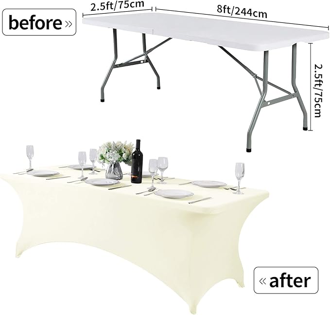 2Pack Spandex Table Cover for 8FT or 4ft or 6ft Table Universal Fitted Stretch Tablecloth for Party, Banquet, Wedding and Events-Ivory