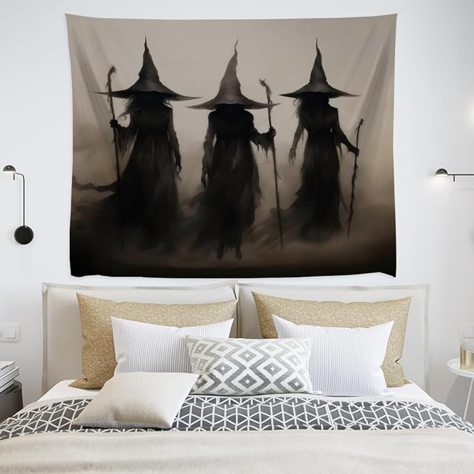 Witch Tapestry Witchy Halloween Decor Vintage Three Witches Bedroom Tapestries Retro Art Aesthetic Wall Tapestry for Bedroom Dorm Living Room white