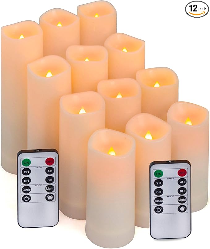 Aignis 12pcs Flameless LED Candles Battery Operated with 10-Key Remote Timer, Outdoor Indoor Waterproof, Warm Flickering Glow for Cozy & Romantic Home/Wedding/Holiday Décor(D2.2''xH4/5/6/7'')