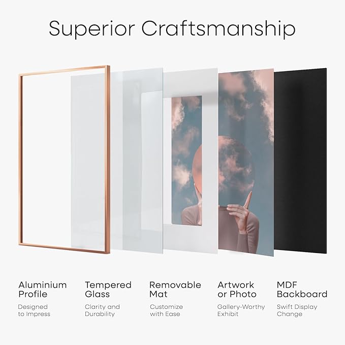 Homeforia 10x10 Picture Frame Rose Gold, High End Metal 10 by 10 Square Frames with Mat 8 x 8 Photo, 10by10 Poster Frame Matted to 8x8 Print, Wall or Tabletop Frame, Tempered Glass, Wall Kit, Set of 1