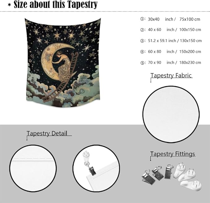 Dark Academia Gothic Aesthetic Tapestry ladder to The Moon and Stars Wall Hanging Print Trendy Vintage Art Nouveau Tapestries Decor for Home Bedroom Living Room 50x60inch