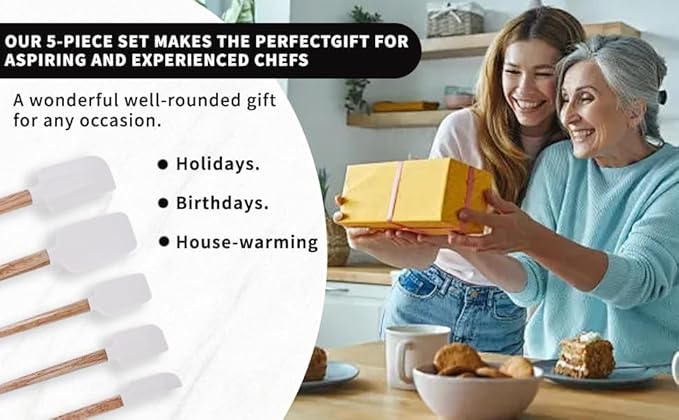 Ptanexx Wooden Handle Silicone Spatula Set 5 Piece, Batter Mixing Spatula, Spatula for Cooking, Jars, Baking, Mixing, Frosting