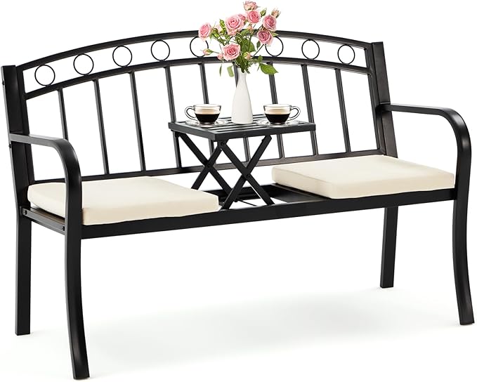 AVAWING Outdoor Metal Garden Bench, 2-Seat Patio Porch Bench with Steel Frame, Park Bench w/Pullout Middle Table& Cushion for Backyard Lawn Deck Entryway, Black