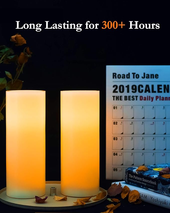 Homemory 9" x 3" Flameless Candles Battery Operated, Flickering LED Pillar Candles with Timers and 2 Remote Controls, Indoor Only, Flat Top, Ivory White Wax, Set of 2