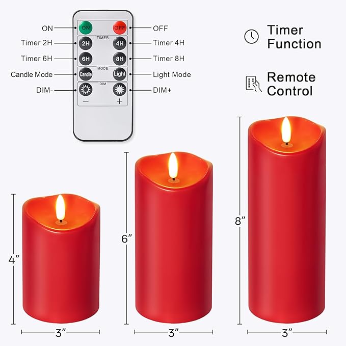 NURADA Outdoor Flameless Candles with Remote Timer - Waterproof Realistic Flickering LED Pillar Electric Battery Operated Fake Candle for Home Wedding Christmas Decor - 3 Pack Red(D3”H4”6”8”)