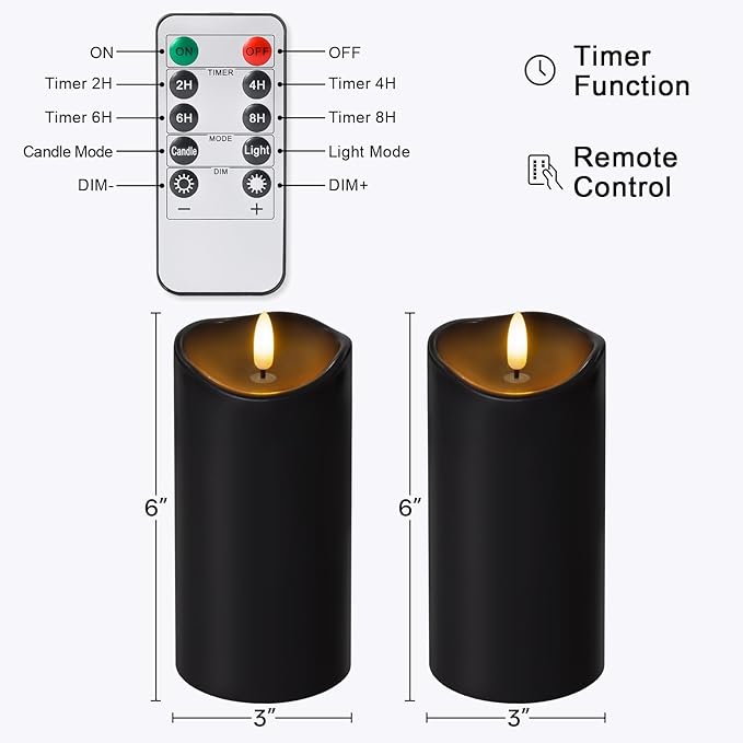 NURADA Outdoor Flameless Candles with Remote Timer - Waterproof Realistic Flickering LED Pillar Electric Battery Operated Fake Candle for Home Halloween Holiday Party Decor - 2 Pack Black(D3”H6”6”)