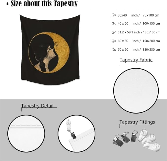 Dark Academia Woman Kissing Moon Art Tapestry Gothic Aesthetic Wall Hanging Witchy Picture Print Moon Goddess Tapestries Wall Decor for Living Room Bedroom Dorm 30x40inch