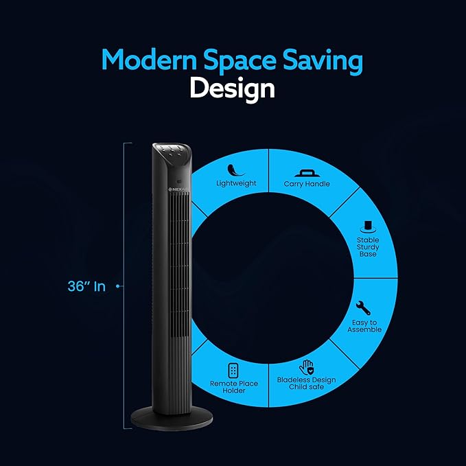 36” Oscillating Tower Fan, 3 Speed Portable Fan Tower With Remote Control, Quiet Operating Floor Fan for Bedroom with 7.5 Hr Auto Off Timer, Modern Design Room Cooling Fan For Home & Office