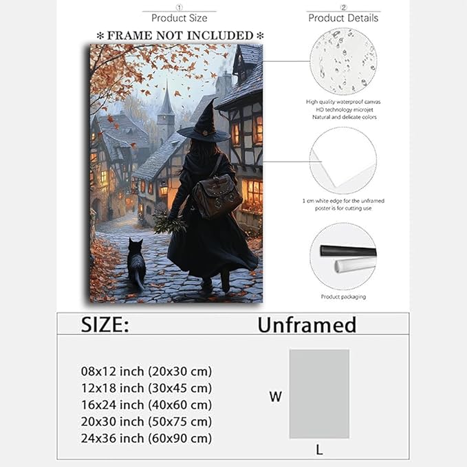 Autumn Witch And Black Cat Picture Wall Decor,Halloween Canvas Vintage Rustic Wall Art,Preppy Bedroom Living Room Bathroom Poster Print,20"x30" Unframed