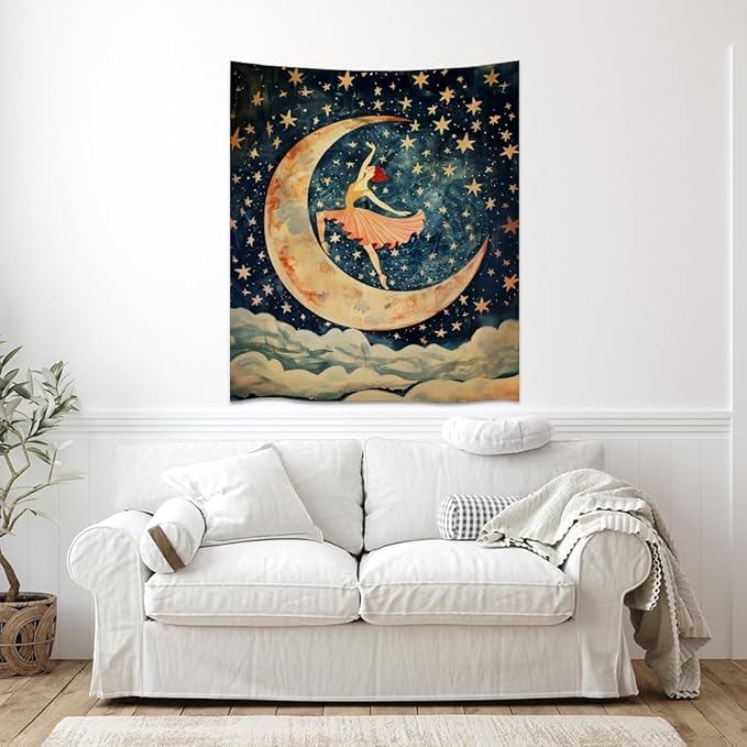 Dancer on the Moon Tapestry Starry Night Sky Art Print Dark Academia Gothic Aesthetic Wall Hanging Stars Moon Clouds Tapestries Whimsical Wall Decor for Nursery Bedroom 50x60inch