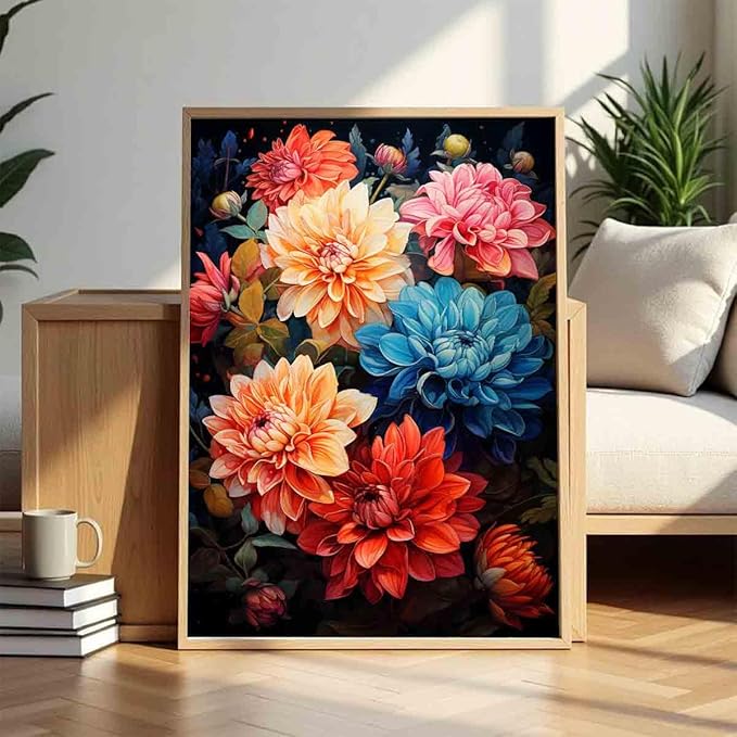 Dahlia Canvas Wall Art Abstract Flower Poster Pink Flower Painting Colorful Flowers Picture Blue Dahlia Wall Art Pink Floral Picture Plant Modern Living Room Decor 16x24inch No Frame