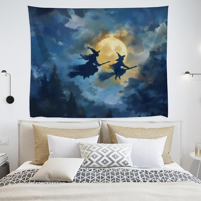 Spooky Halloween Witch Tapestry Wall Hanging Dark Fantasy Night Sky Aesthetic Print Flying Witches Under Full Moon Tapestries Horror Ghost Halloween Party Decor for Living Room Bedroom 40x60inch