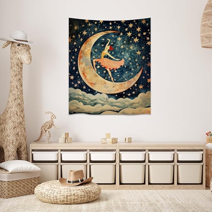 Dancer on the Moon Tapestry Starry Night Sky Art Print Dark Academia Gothic Aesthetic Wall Hanging Stars Moon Clouds Tapestries Whimsical Wall Decor for Nursery Bedroom 40x60inch