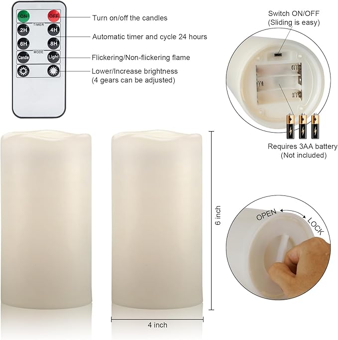 Amagic 2 Pack 6" x 4" Outdoor Plastic Electric flameless Candles with Remote Control and Timer, Battery Operated Flickering LED Pillar Fake Candle for Home, Wedding Decor, Ivory
