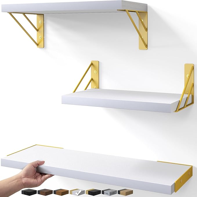 BAYKA Wall Shelves for Bedroom Decor, Floating Wall Shelves for Living Room Kitchen Storage, Wall Mounted Rustic Wood Shelves for Kids Books,Corner Shelves for Bathroom(White and Gold,Set of 3)