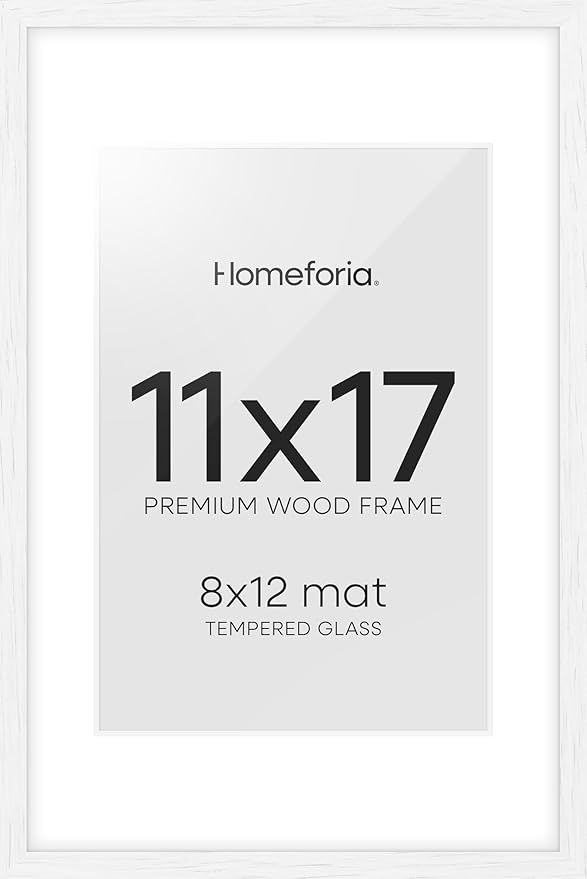 Homeforia 11x17 White Wood Frame, High End Oak 17 x 11 White Wooden Picture Frames with Mat 8 by 12, 11x17 Poster Frame Matted to 8x12 inch Photo, 17x11 Thin Frames, Tempered Glass, Wall Kit, Set of 1