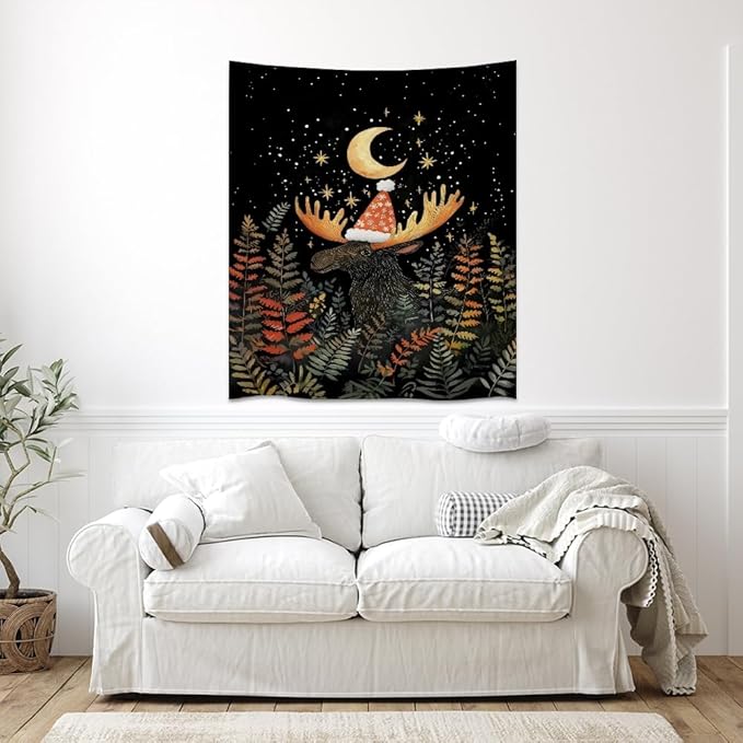 Cute Moose Tapestry Winter Christmas Aesthetic Wall Hanging Decor Funny Animal Lover Gift Whimsical Christmas Tapestries for Nursery Kids Bedroom Home Living Room Decoration 30x40inch