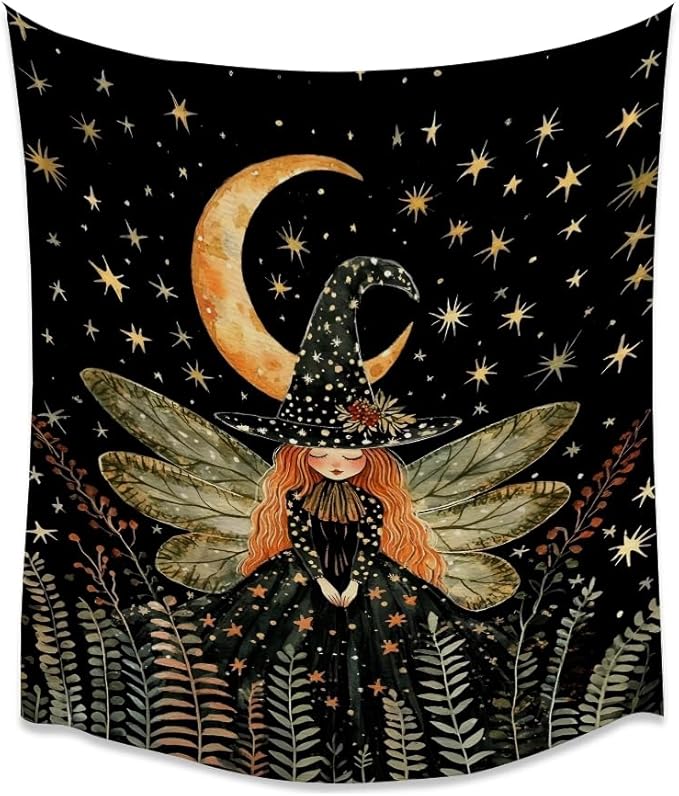 Dark Academia Witch Fairy Tapestry Wall Hanging Magical Moon Starry Night Art Print Halloween Witchy Artwork Aesthetic Wall Tapestries for Girls Bedroom Living Room Dorm Decoration 40x60inch
