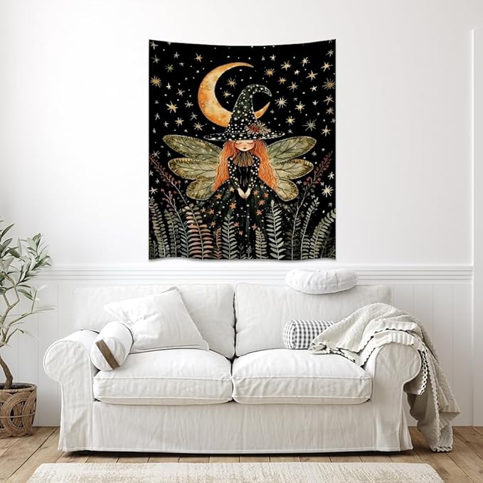 Dark Academia Witch Fairy Tapestry Wall Hanging Magical Moon Starry Night Art Print Halloween Witchy Artwork Aesthetic Wall Tapestries for Girls Bedroom Living Room Dorm Decoration 40x60inch