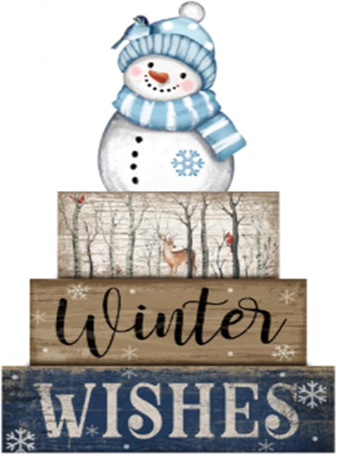 4 Pcs Christmas Snowman Decor Snowman Tiered Tray Decor Wooden Rustic Winter Block Sign Christmas Farmhouse Tabletop Centerpiece for Home Tabletop Kitchen Shelf Party Gift