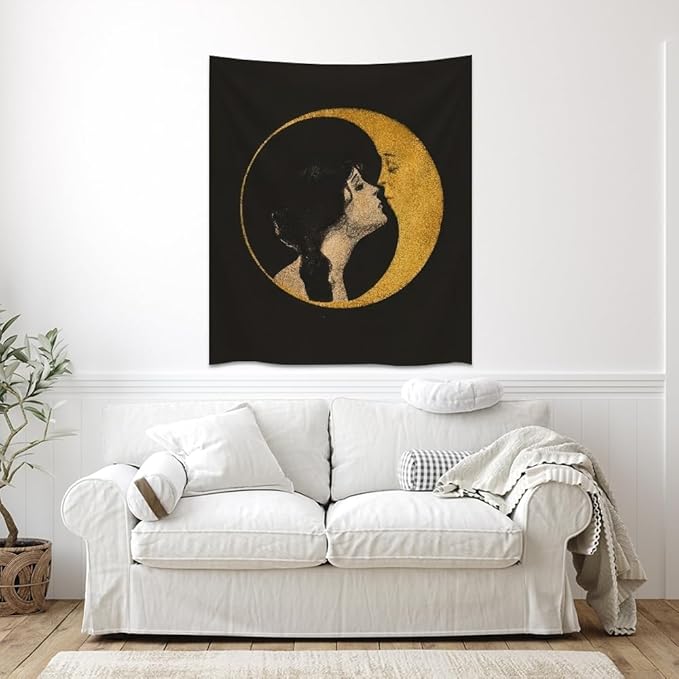 Dark Academia Woman Kissing Moon Art Tapestry Gothic Aesthetic Wall Hanging Witchy Picture Print Moon Goddess Tapestries Wall Decor for Living Room Bedroom Dorm 70x90inch