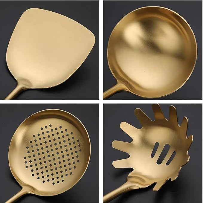 Generic Stainless Steel Kitchen Utensil Set, Spoon, Spatula, Pasta Server, Small Spatula (Pink & Gold)