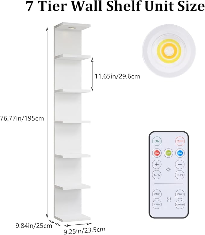 Versatile 7 Tier Shelf Unit 6.4Ft Lack Wall Shelf Unit with LED Floating Wall Shelf Unit Wall Mount Vertical Shelving for Storage Space Saving Organizer for Bedroom Living Room Office Display Decor