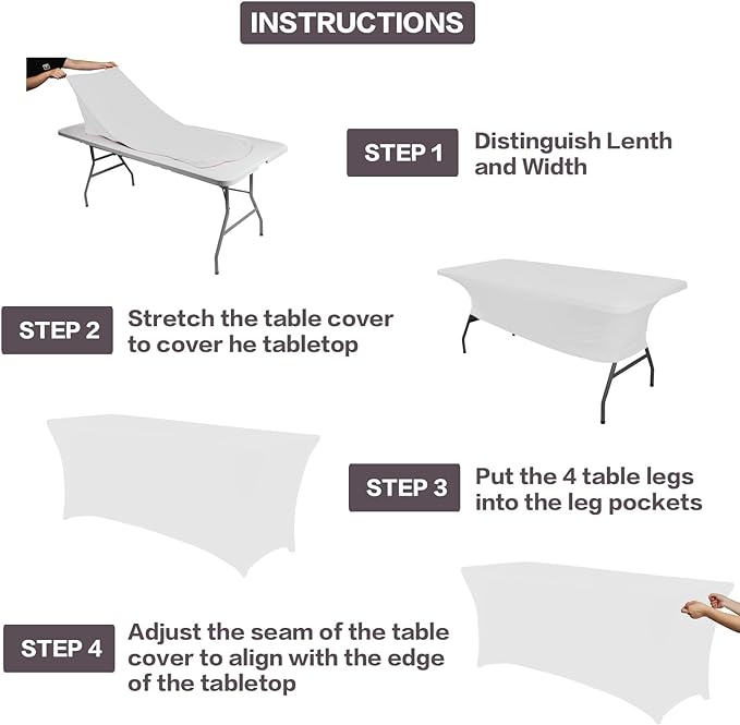 IVAPUPU 8FT Table Cloth for Rectangular Fitted Events Stretch White Table Covers Washable Spandex Spring Tablecloth Protector for Party, Wedding, Cocktail, Banquet, Festival