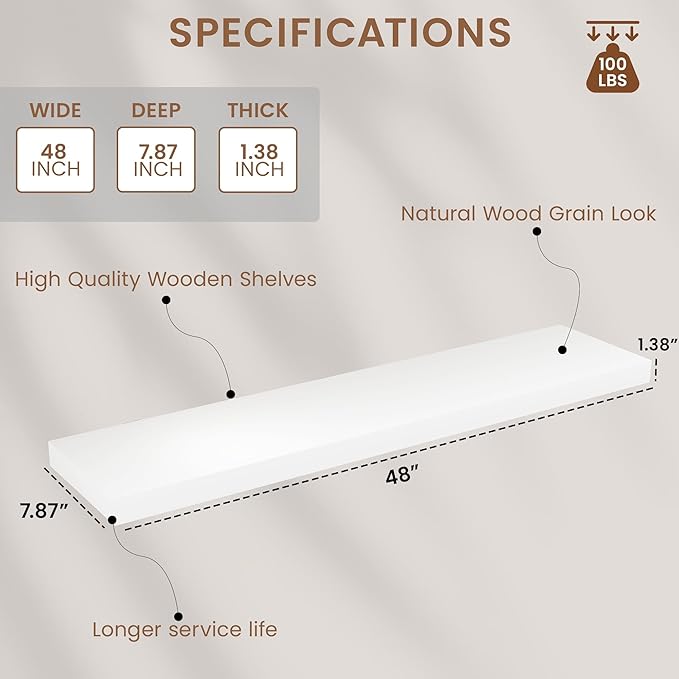 White Floating Wood Shelves for Wall 48 Inch, 8 in Deep Pine Shelf Floating Home Decor, Heavy Duty Shelf Hold 100 lbs, Wall Shelves for Bathroom Living Room Kitchen Bedroom Office Book, Set of 2