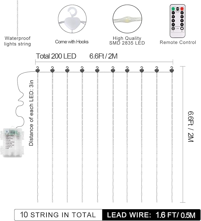 Curtain Lights Battery Operated 200 LED Curtain Fairy Lights 6.6×6.6ft with Remote Timer Outdoor Wall Light Fully Waterproof for Wedding Backdrops Bedroom Decor (Warm White)