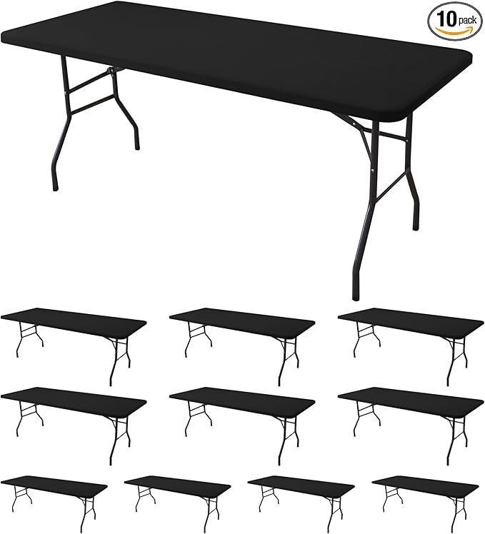 Stretch Table Cover for 4ft Rectangle Tables-10 Pack Black Spandex Table Cloths with Elastic-Stretchy Folding Outdoor Picnic Tablecloth for Camping Dining Room Patio Kitchen Banquet Party