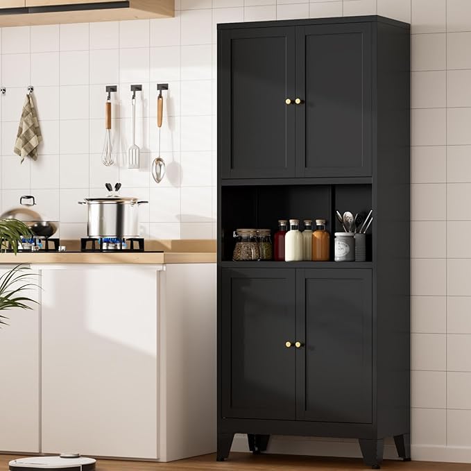 69" Tall Kitchen Pantry Cabinet, Metal Storage Cabinet with 4 Doors and Adjustbale Shelves, Freestanding Cupboards for Dining Room, Living Room, Bathroom