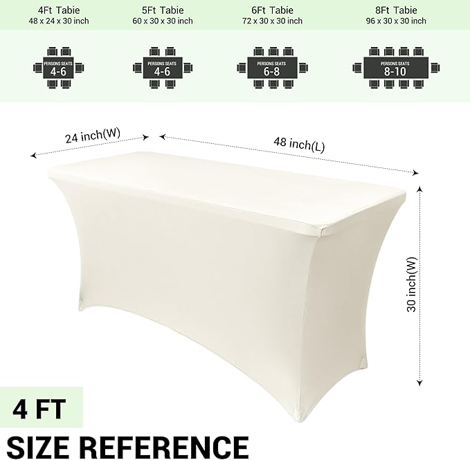 Obstal 4Ft Stretch Spandex Table Cover for Standard Folding Tables - 2 Pack Universal Rectangular Fitted Tablecloth for Party, Banquet, Events, Trade Show (Cream, 48L x 24W x 30H Inches)