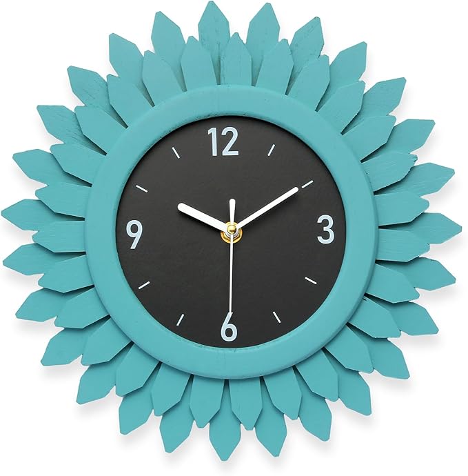Honiway Wall Clock Battery Operated 12 Inch Rustic Wood Beach Sunburst Decorative Wall Clock Silent Non-Ticking Coastal Wall Decor Clocks for Living Room Kitchen Bathroom Bedroom (Cyan)