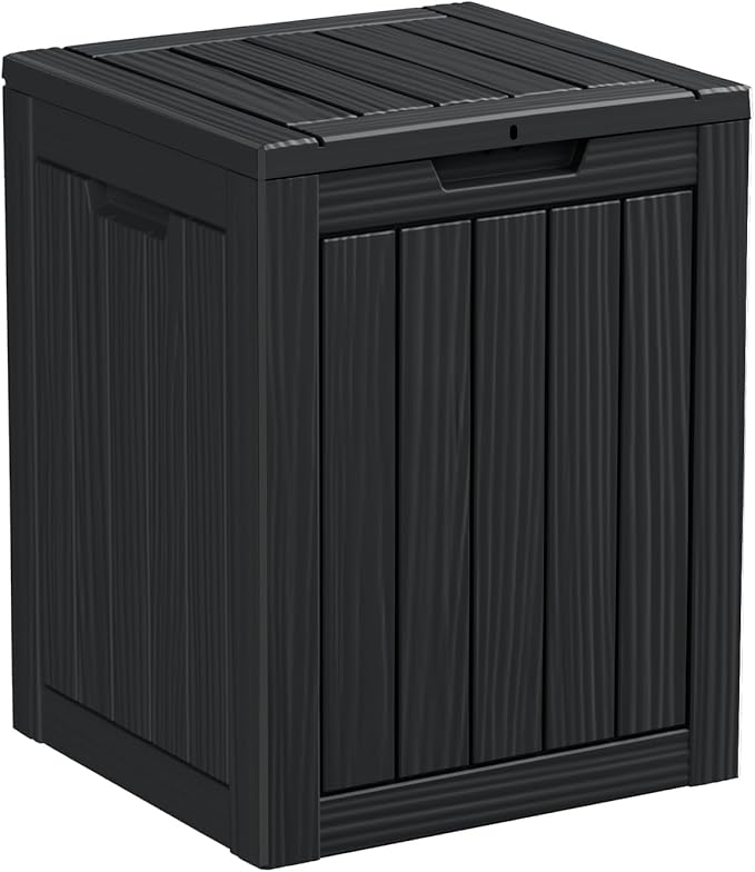 Vixzen 28 Gallon Outdoor Deck Box,Lockable Resin Waterproof Storage Box,UV Resistant,Weather Resistance,Outside Storage Bin for Gardening Tools,Pool Supplies,Black