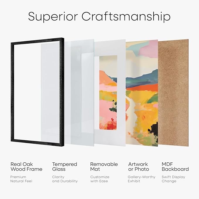 Homeforia 12x18 Frame Black Wood, High End Oak 12x18 Picture Frames with Mat 8.5x11 Photo, 12 x 18 Wooden Poster Frame Matted to 8.5 x 11 Print, 18x12 Hanging Frame, Tempered Glass, Wall Kit, Set of 1