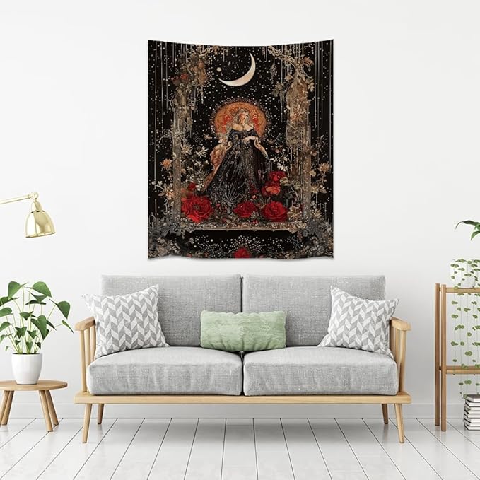 Dark Academia Moon Goddess Tapestry Gothic Fantasy Rose Wall Art Mystical Witchy Woman Print Victorian Artwork Aesthetic Tapestries Wall Hanging for Girls Room Bedroom Decor 30x40inch