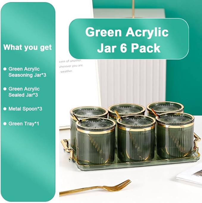 Acrylic Condiment Spice Jars,Condiment Spice Box With Lids and Spoons and Tray,Clear Plastic Condiment Canisters,Seasoning Box 6 Pack,Seasoning Box Set for Kitchen to Storage Salt,Paprika,Sugar