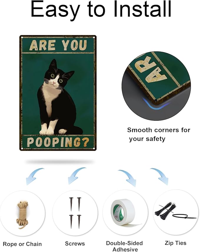 ALKB Tuxedo Cat Decor Are You Pooping Funny Metal Signs 8 x 12 Inch Black Cat Gift for Vintage Bathroom Decor