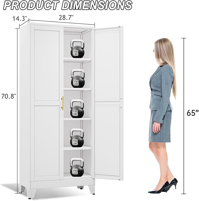 Metal Pantry Cabinet with 2 Doors and Adjustable Shelves - 71" Kitchen Storage Cabinet with Gold Handles - Versatile Storage for Kitchen, Bathroom, Dining Room, Utility Room - White