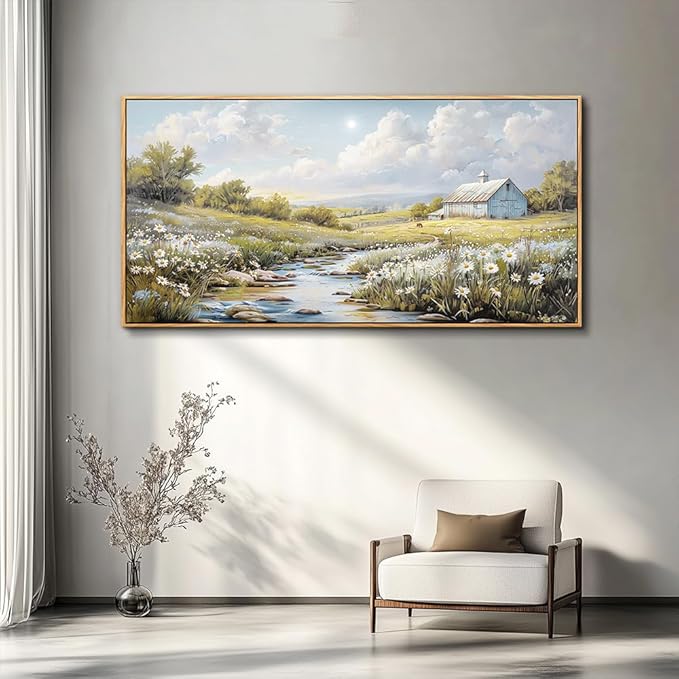 PHAOHUAXM Large Canvas Wall Art For Living Room Wall Decor For Bedroom Flower Watercolour Office Decoration Countryside Scenery Wall Picture Printing Art Painting Home Decor 30x60 In Wood Framed