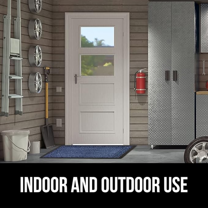 GORILLA GRIP 100% Waterproof All-Season WeatherMax Doormat, US Designed Natural Rubber, Stain and Fade Resistant, Low Profile Indoor Outdoor Door Mats, Easy Clean Patio Mat, 17x29, Navy Greek Keys