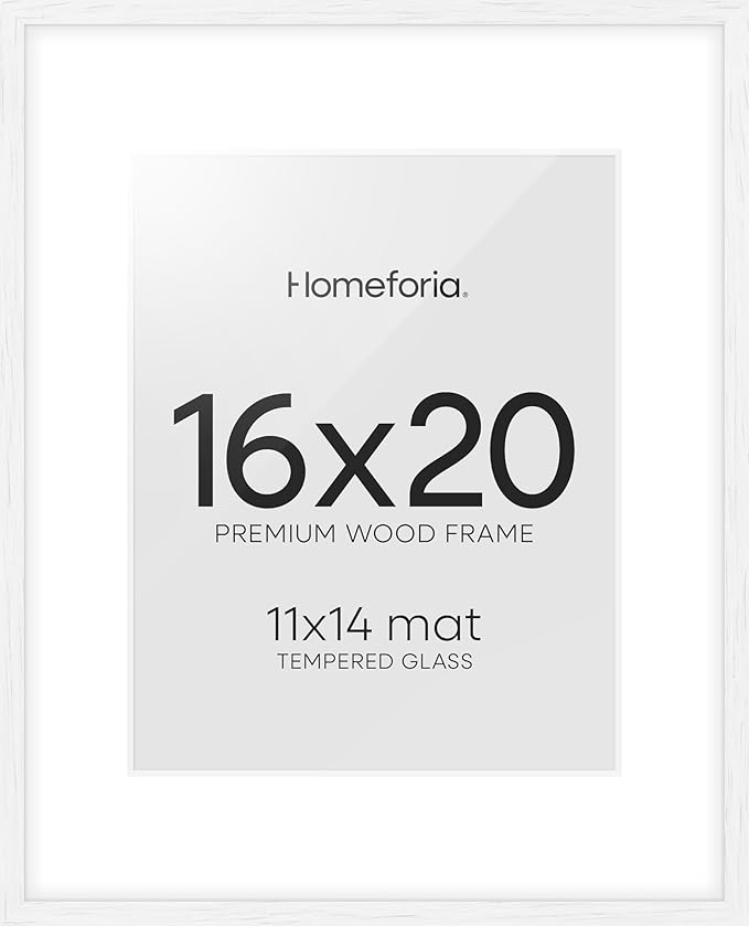 Homeforia 16x20 White Picture Frame, High End Oak 16x20 White Wood Frame with Mat 11x14 Photo, 16 x 20 Wooden Poster Frames Matted to 11 by 14, 20x16 Hanging Frames, Tempered Glass, Wall Kit, Set of 1