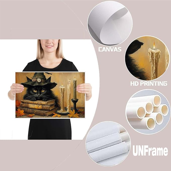 JFHCQJPK Vintage Halloween wall decoration black cat and magic book suitable for home bedroom living room decoration dark classic art witch wall decoration32x48in Frameless