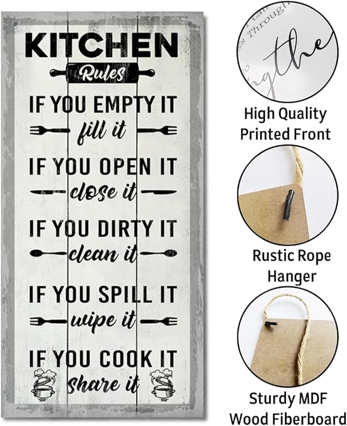 Hanging Kitchen Rules Wood Decor Sign, Rustic Kitchen Wooden Signs, Printed Wood Wall Art Sign, Kitchen Door Rules Rustic Sign, Hanging Wood Sign Kitchen Decor, Funny Farmhouse Kitchen Wall Décor J1